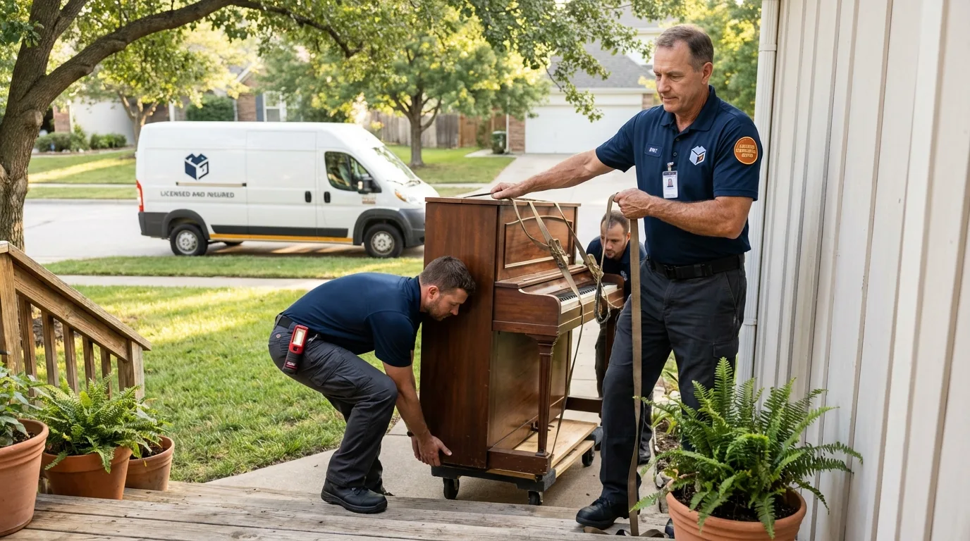 Licensed piano movers securing grand piano in Woodcliff Lake, NJ