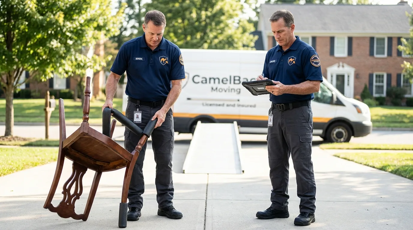 Movers inspecting furniture for damage prevention before loading in Woodcliff Lake, NJ