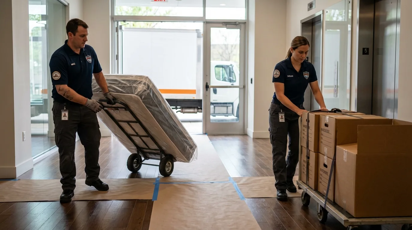 Professional apartment movers loading elevator in Woodcliff Lake, NJ