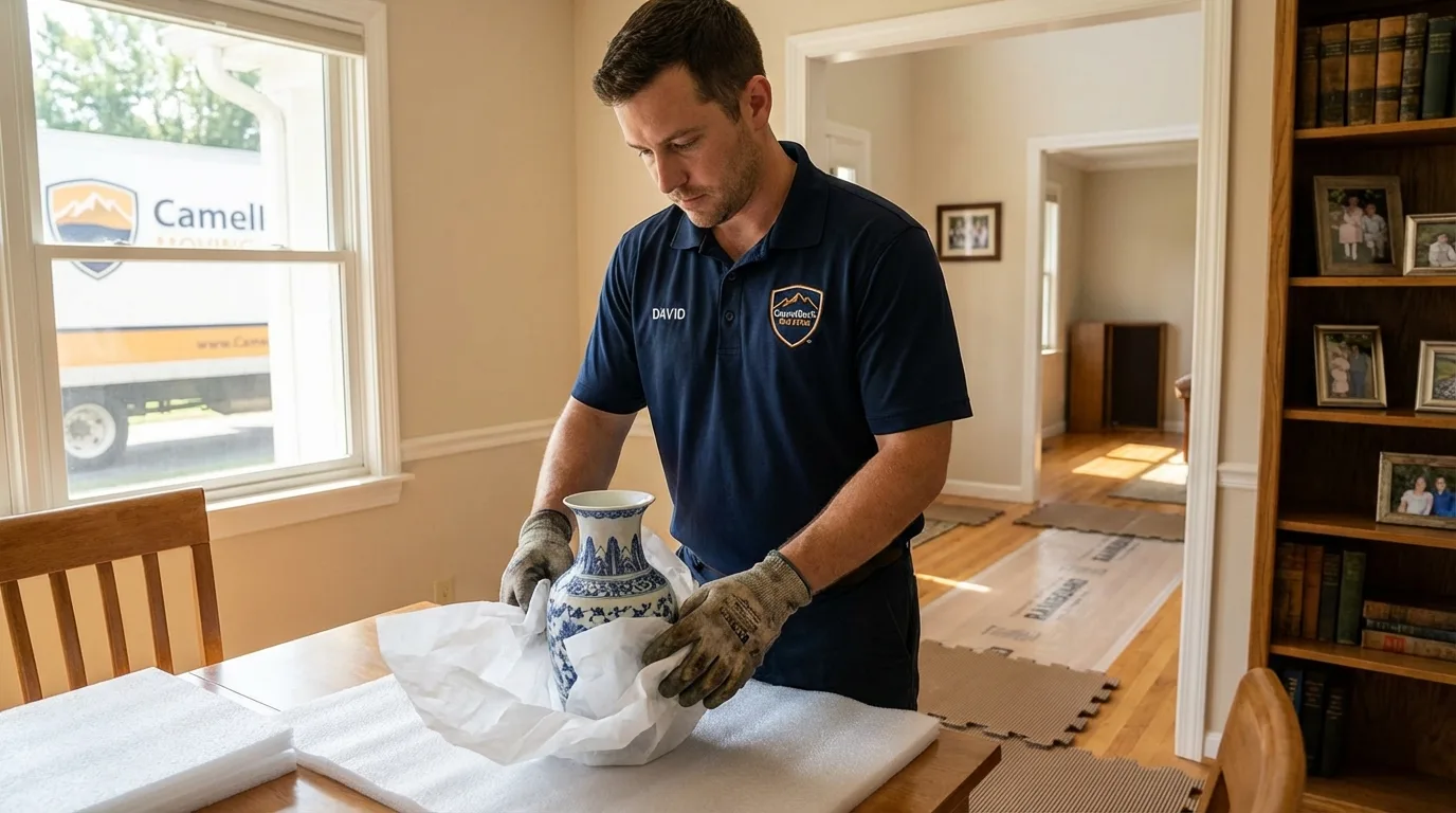 Professional crew carefully wrapping antique vase for senior downsizing move in Woodcliff Lake, NJ