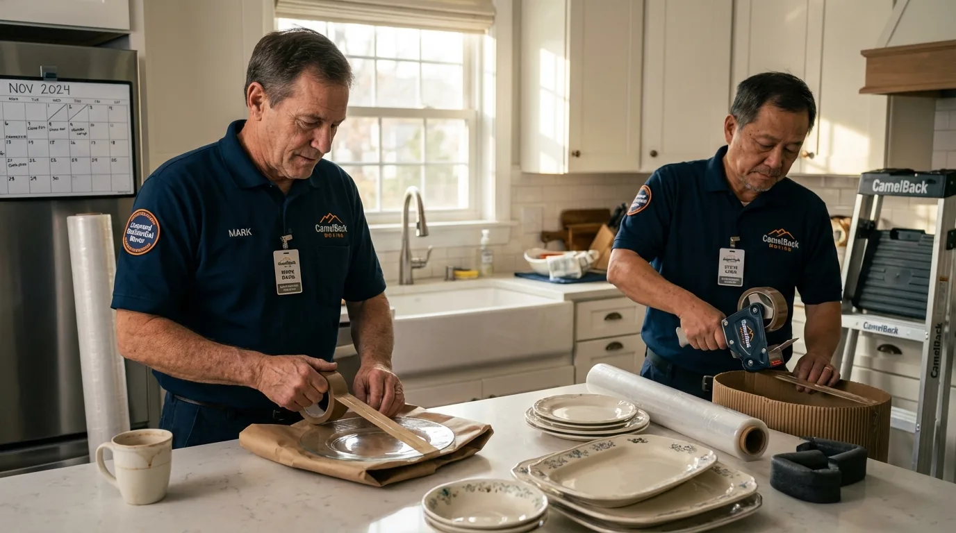 Professional crew packing kitchen dishware in Woodcliff Lake, NJ